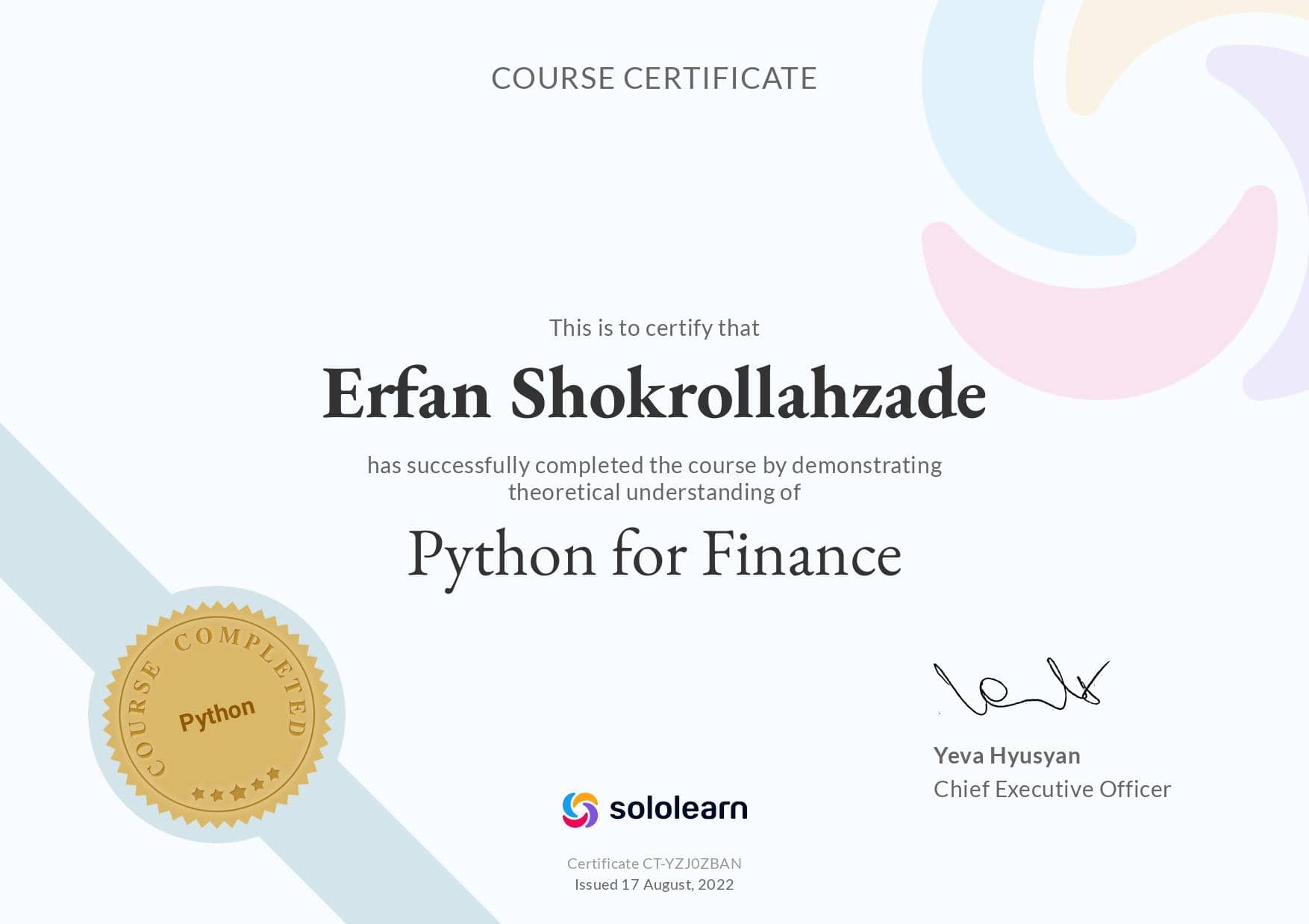 Certificate of Python for Finance